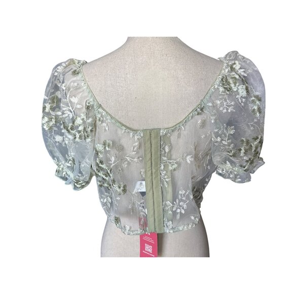 NWT Romwe Floral Embroidered Sheer Mesh Puff Sleeve Crop Top Green White XXL - Picture 2 of 4